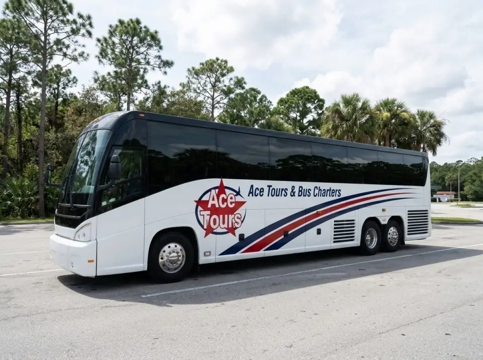 Illustration of an Ace Tours motorcoach parked at a quiet Florida Turnpike service plaza, palms and pines around it