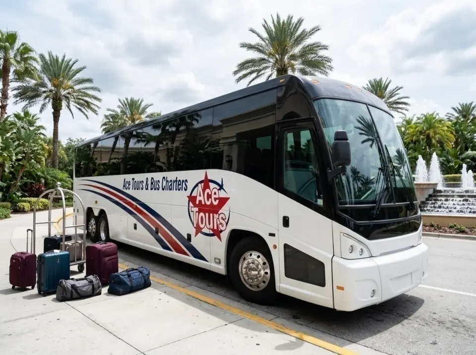 Illustration of an Ace Tours motorcoach at an Orlando resort hotel entrance with fountains and palms, suitcases on the curb