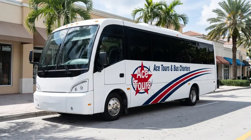 Illustration of a white Ace Tours & Bus Charters minibus on a palm-lined side street off Las Olas Boulevard in Fort Lauderdale