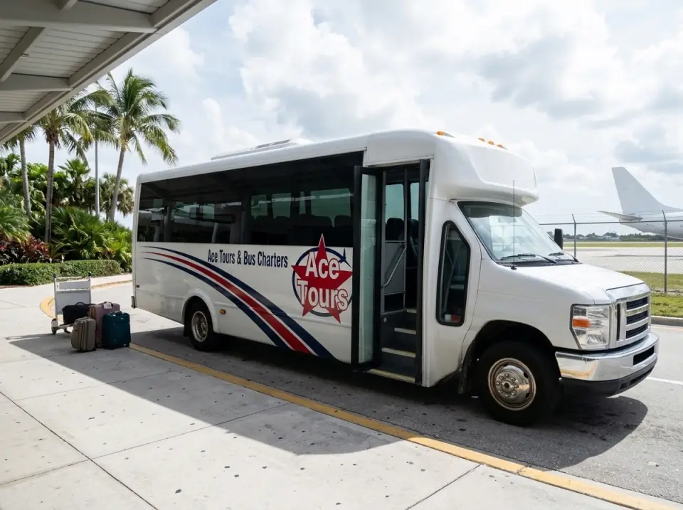Illustration of a white Ace Tours & Bus Charters minibus parked with its door open at the Key West airport arrivals curb with palms, small suitcases waiting beside it