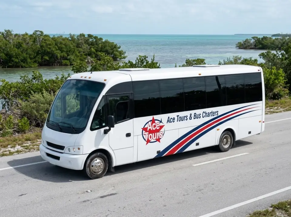 Illustration of a white Ace Tours & Bus Charters minibus on the Overseas Highway near Big Pine Key, mangroves and shallow water on both sides