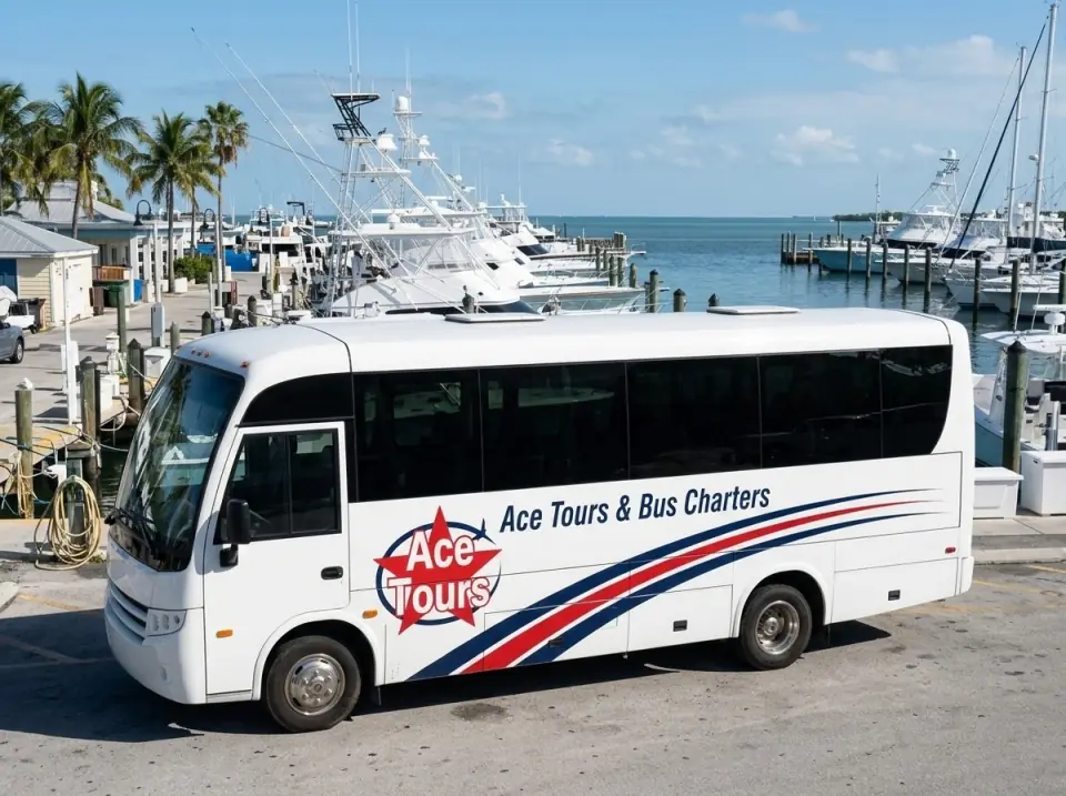 Illustration of a white Ace Tours & Bus Charters minibus parked at a Key West marina beside charter fishing boats
