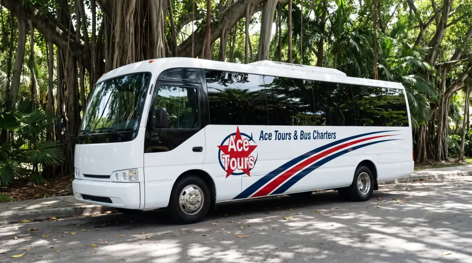 Illustration of a white Ace Tours & Bus Charters minibus on a Coconut Grove street in Miami under huge banyan trees and palms