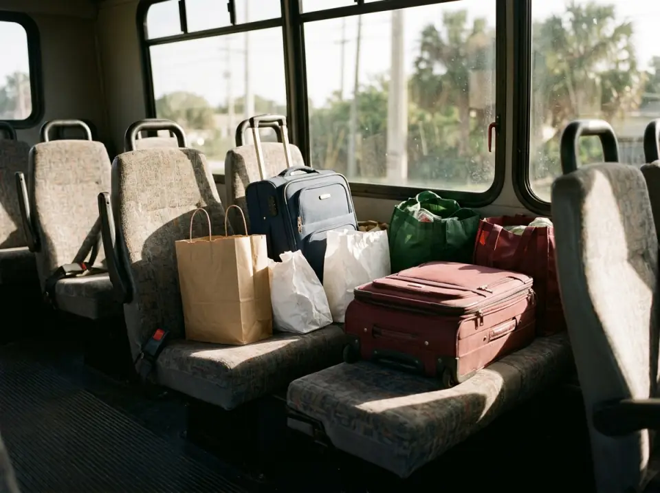 Illustration of small rolling suitcases and plain shopping bags on the seats of a minibus in afternoon light