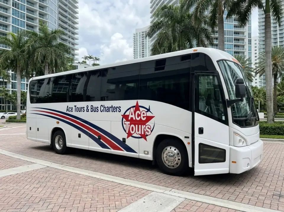 Illustration of a white Ace Tours & Bus Charters minibus waiting with its door open in a Brickell condo driveway with glass towers and palms