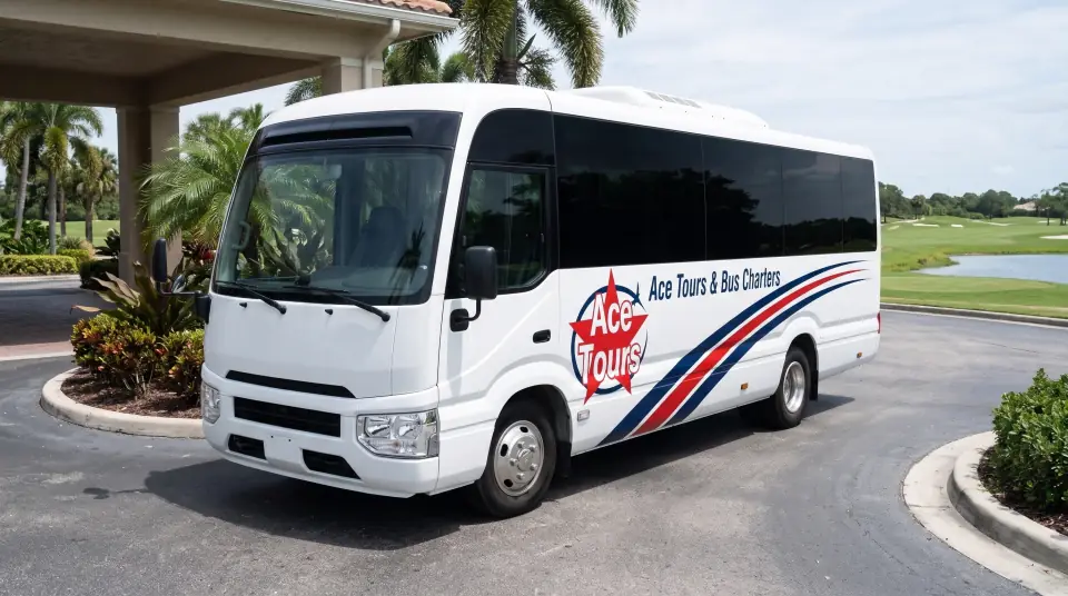 Illustration of a white Ace Tours & Bus Charters minibus parked at a golf club entrance in Port St. Lucie with palms, lakes and green fairways