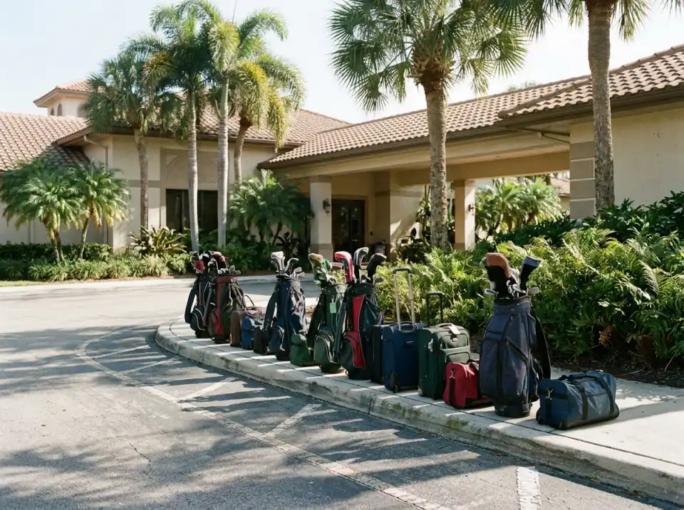 Illustration of golf bags and small suitcases lined up on a sunny clubhouse curb in South Florida with palms behind
