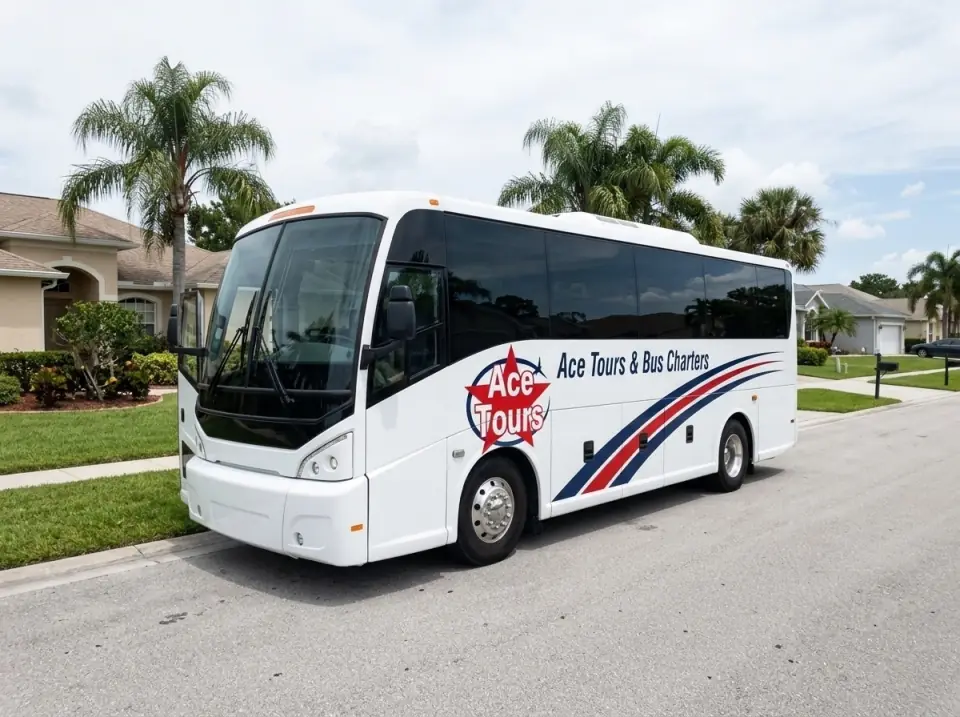 Illustration of a white Ace Tours & Bus Charters minibus parked at the curb on a quiet Port St. Lucie street of single-story homes and palms, door open