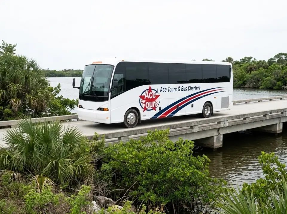 Illustration of a white Ace Tours & Bus Charters minibus on a bridge over the North Fork of the St. Lucie River, mangroves along the bank