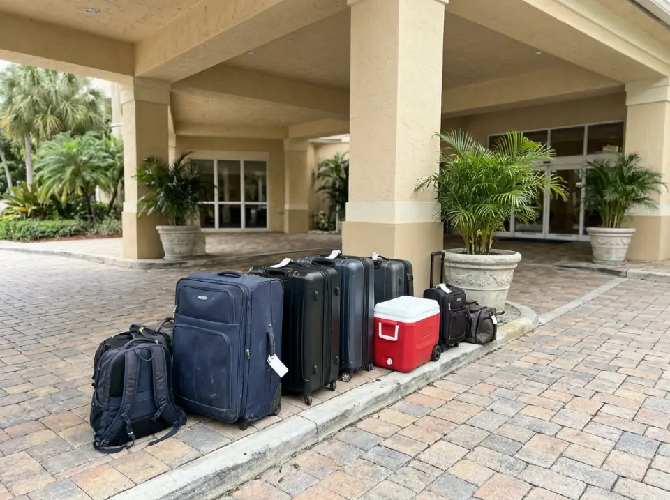 Illustration of suitcases, a cooler and carry-on bags lined up on the curb under a hotel entrance canopy