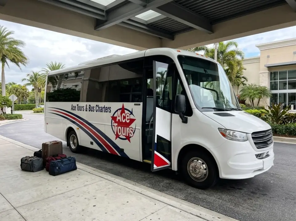 Illustration of a white Ace Tours & Bus Charters minibus waiting under a hotel canopy in Fort Lauderdale, door open, duffel bags on the curb