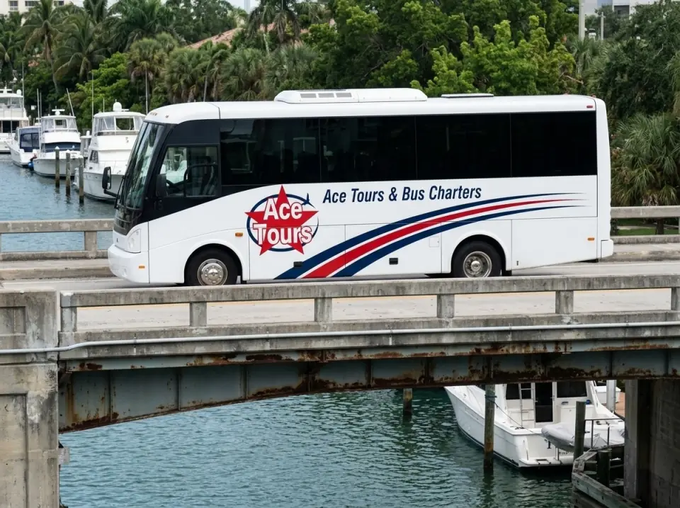 Illustration of a white Ace Tours & Bus Charters minibus crossing a bridge over the New River in Fort Lauderdale with boats moored below