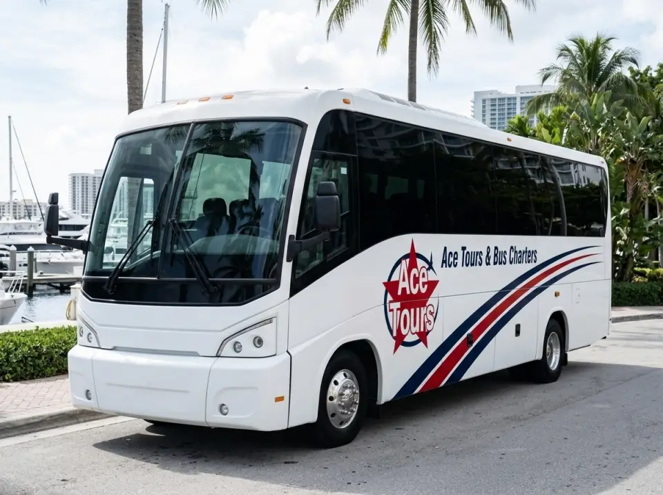 Illustration of a white Ace Tours & Bus Charters minibus parked at a waterfront restaurant entrance in Fort Lauderdale with palms and a marina behind