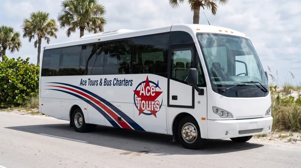 Illustration of a white Ace Tours & Bus Charters minibus on a palm-lined road on Hutchinson Island near Stuart, beach dunes and sea grape beside it