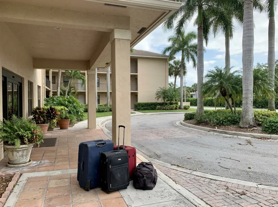 Illustration of suitcases waiting under the covered entrance of a low-rise condominium in Stuart, royal palms beside the drive