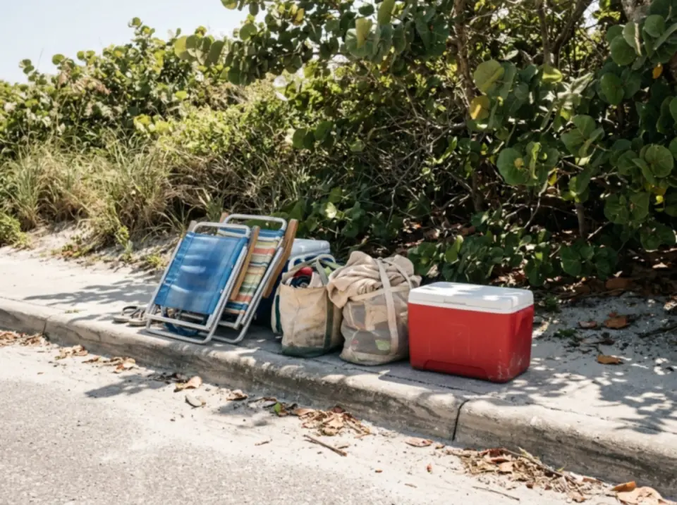 Illustration of beach bags, folding chairs and a cooler lined up on a sunny curb beside sea grape and dunes