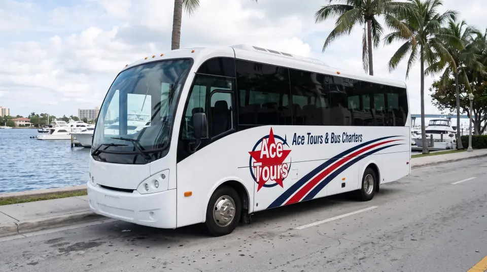 Illustration of a white Ace Tours & Bus Charters minibus on a palm-lined West Palm Beach waterfront street, the Intracoastal Waterway and yachts behind