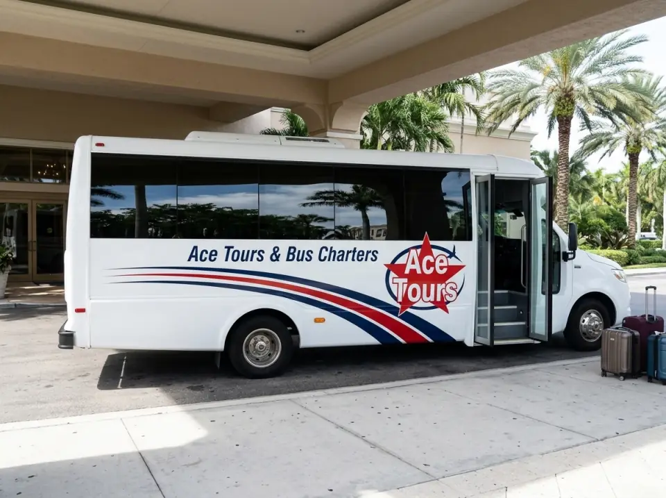 Illustration of a white Ace Tours & Bus Charters minibus waiting with its door open under a West Palm Beach hotel porte-cochere with palms, small suitcases on the curb