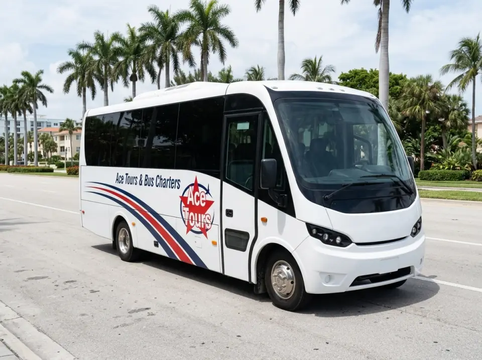 Illustration of a white Ace Tours & Bus Charters minibus on a wide West Palm Beach boulevard with palms in the median
