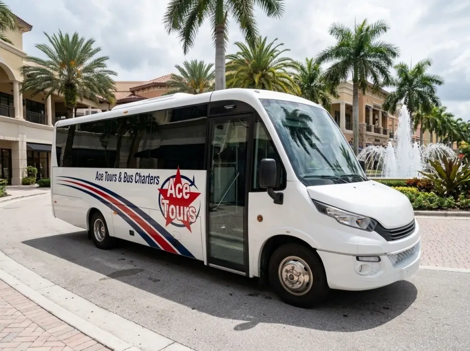 Illustration of a white Ace Tours & Bus Charters minibus parked at an outdoor shopping promenade in Palm Beach Gardens with fountains and palms