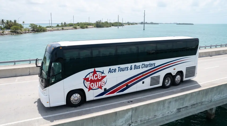 Illustration of a white Ace Tours & Bus Charters motorcoach on the Overseas Highway through Islamorada with turquoise water on both sides