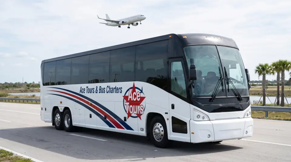 Illustration of a white Ace Tours & Bus Charters motorcoach on a wide airport approach highway through flat Central Florida land, a plain white jet low overhead