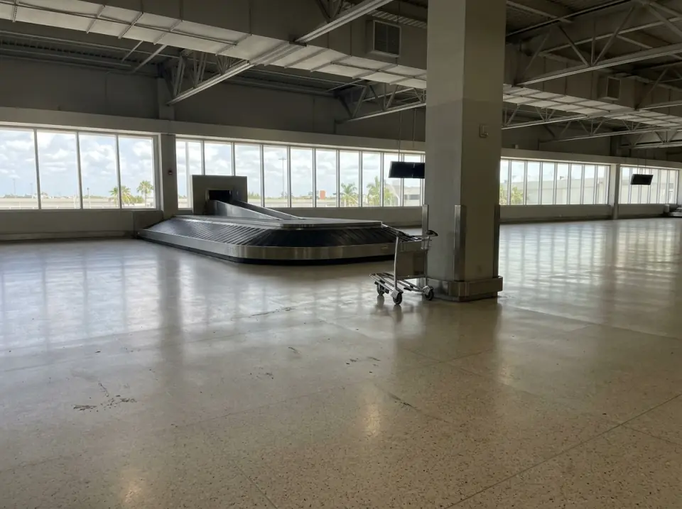 Illustration of a bright, empty airport baggage claim hall with a stopped carousel, tall windows and one luggage cart beside a pillar