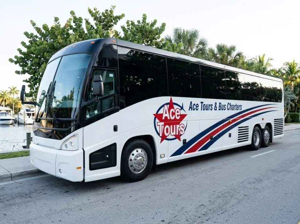 Illustration of a white Ace Tours & Bus Charters motorcoach at the curb of a Fort Lauderdale street beside a canal with moored boats and sea grape trees, door open