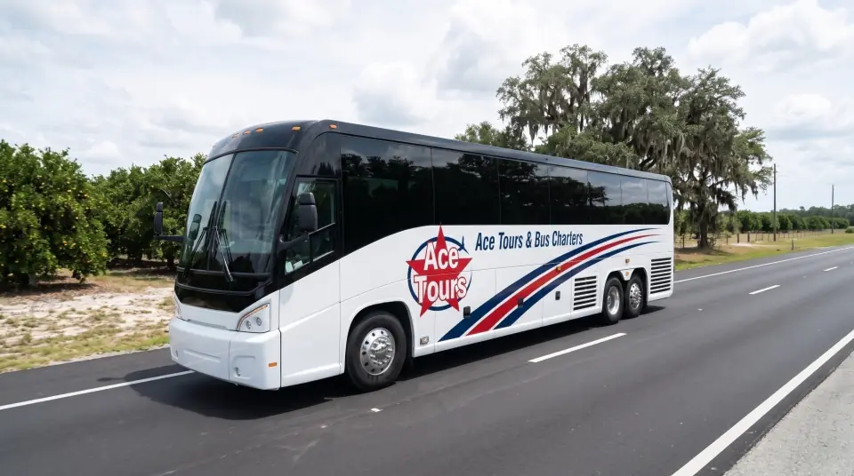 Illustration of a white Ace Tours & Bus Charters motorcoach on a central Florida highway lined with oak trees and orange groves under big white clouds, seen from above
