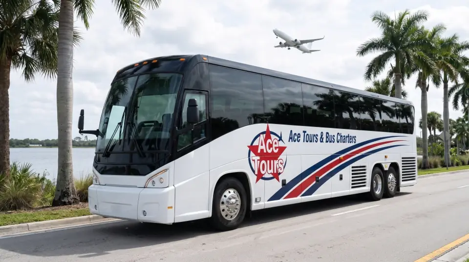 Illustration of a white Ace Tours & Bus Charters motorcoach on a palm-lined airport road beside a lake in West Palm Beach, a plain white jet climbing overhead