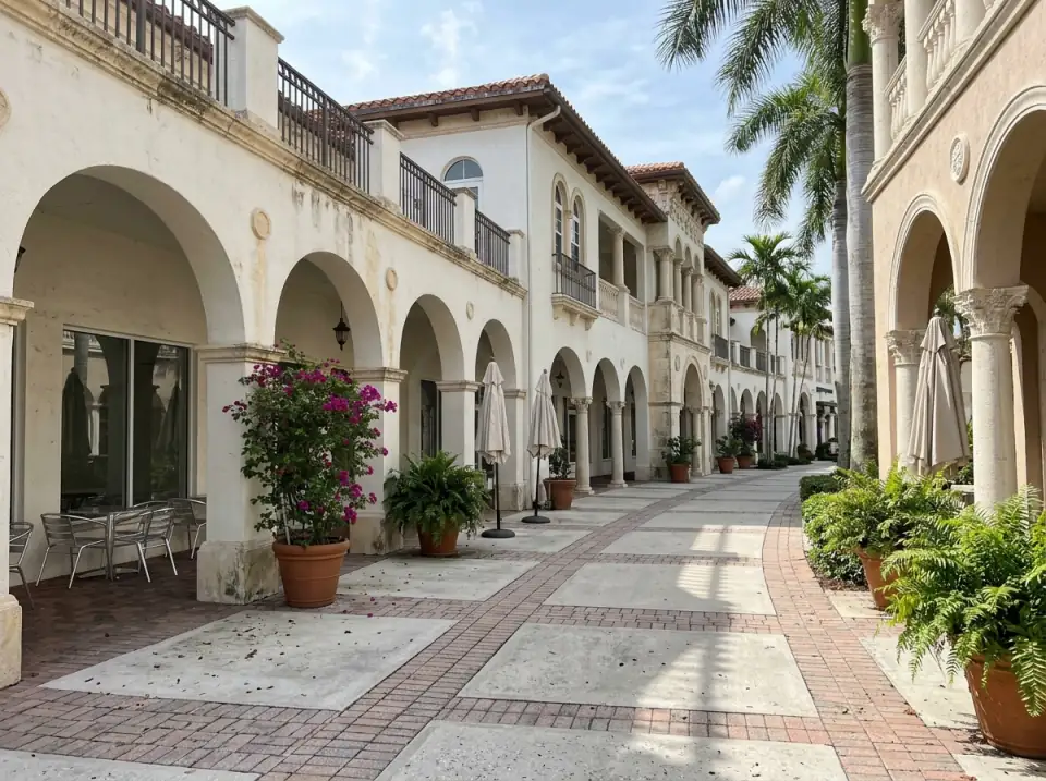 Illustration of a Mediterranean-style shopping street in Boca Raton with arched stucco arcades, terracotta roof tiles, palms and an empty sidewalk