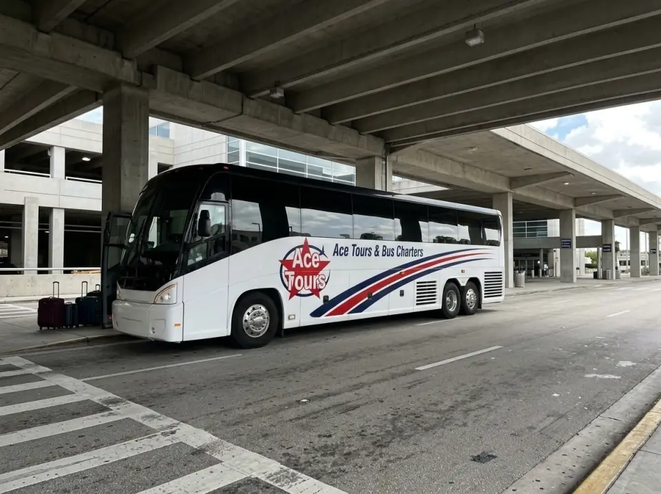 Illustration of a white Ace Tours & Bus Charters motorcoach at an airport arrivals curb under a concrete canopy, door open, suitcases on the sidewalk