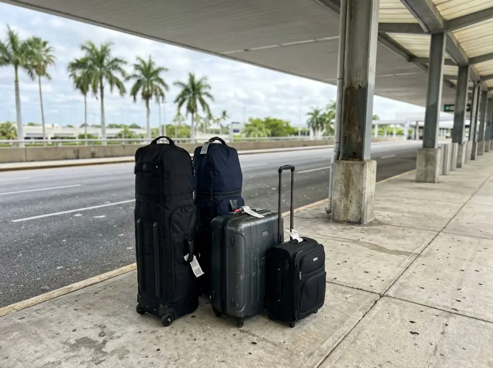 Illustration of two golf travel bags, a hard-shell suitcase and a carry-on standing on an airport sidewalk under a canopy, palms beyond the roadway