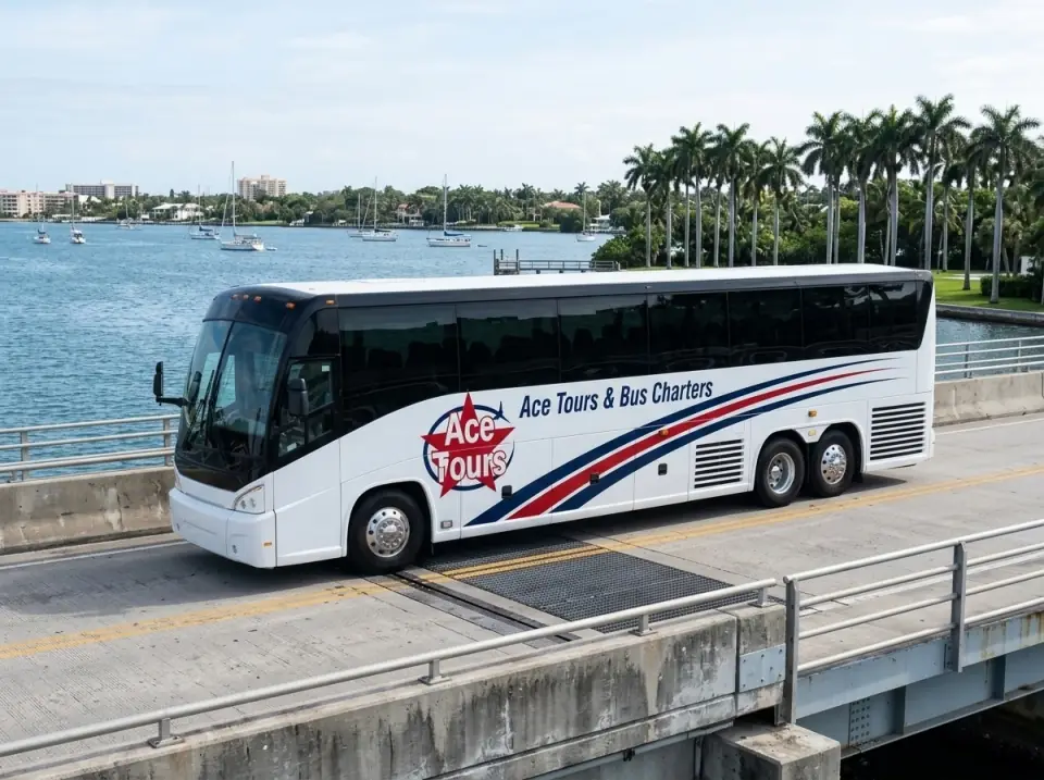 Illustration of a white Ace Tours & Bus Charters motorcoach crossing a low drawbridge over the Lake Worth Lagoon, sailboats and royal palms behind
