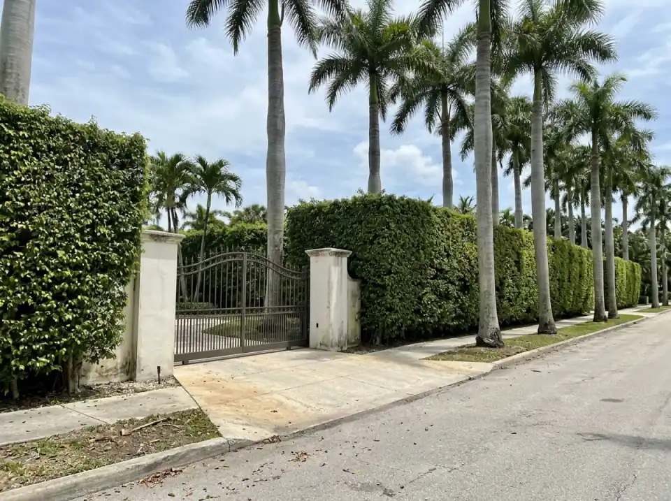 Illustration of a quiet Palm Beach street with tall clipped hedges, a closed iron gate between stucco pillars and a row of royal palms