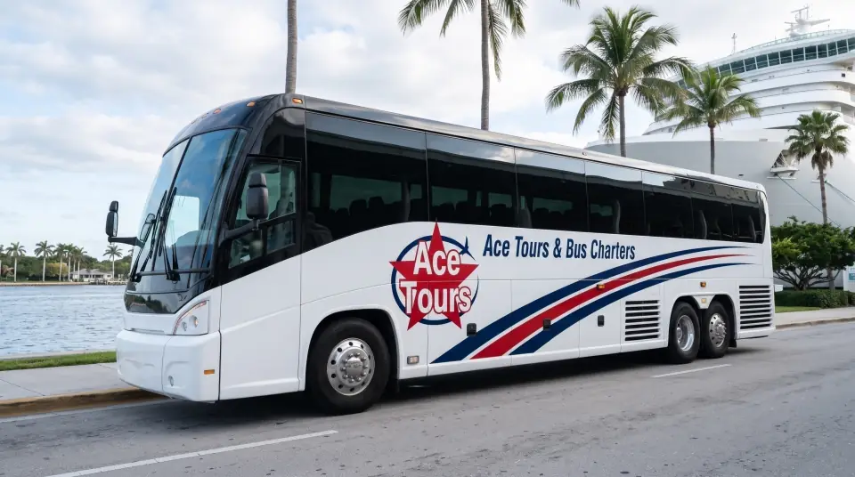 Illustration of a white Ace Tours & Bus Charters motorcoach on Flagler Drive in West Palm Beach beside the Intracoastal Waterway and royal palms
