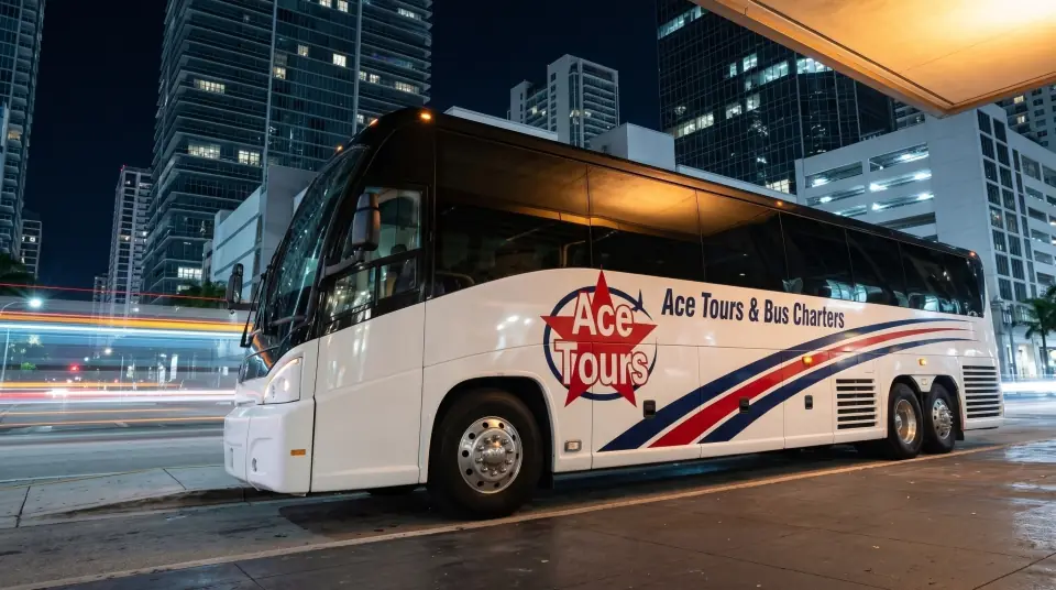 Illustration of a white Ace Tours & Bus Charters motorcoach parked at the curb on a downtown Miami street at night, lit glass towers and light trails from traffic behind it