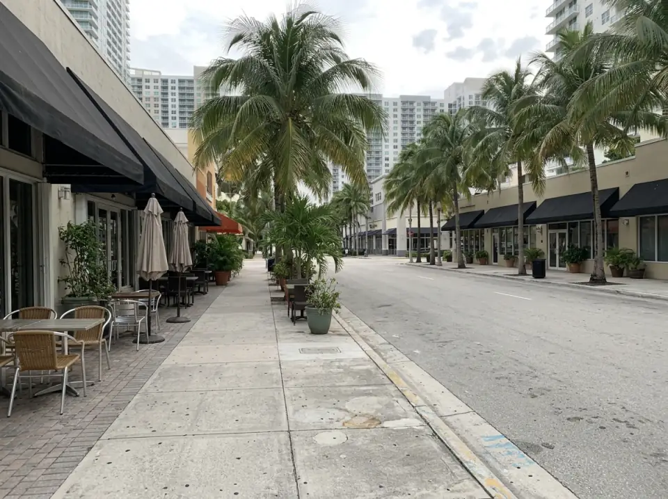 Illustration of a Brickell side street in Miami with restaurant awnings, empty sidewalk tables, palms and a clear stretch of curb
