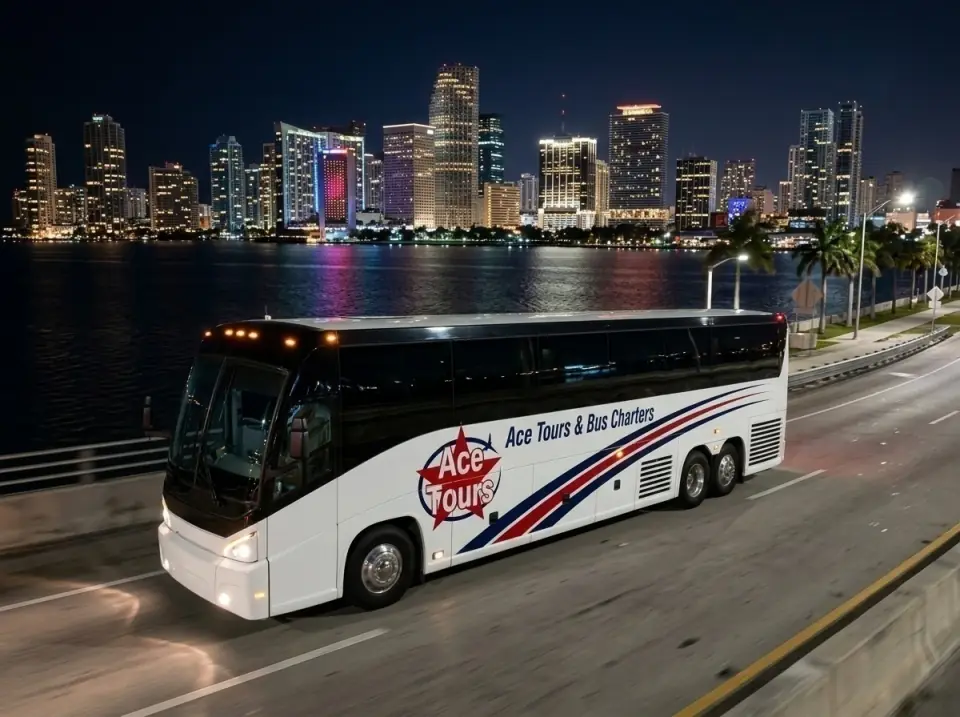 Illustration of a white Ace Tours & Bus Charters motorcoach crossing Biscayne Bay at night with the lit Miami skyline behind it