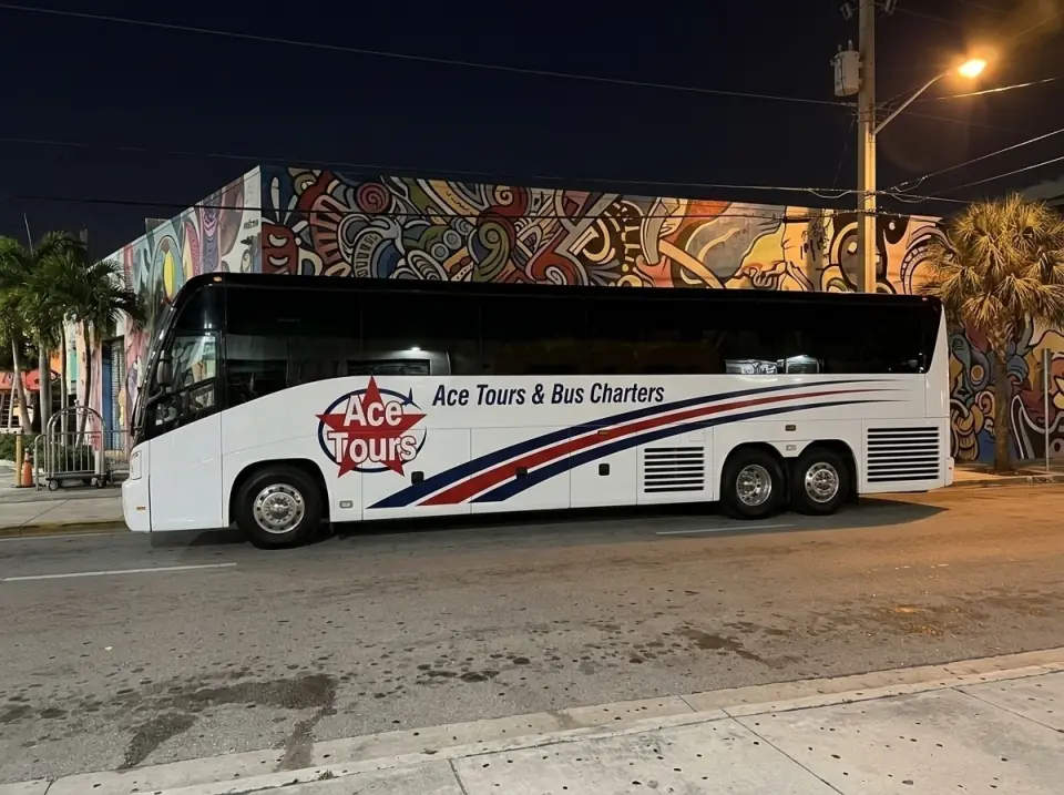 Illustration of a white Ace Tours & Bus Charters motorcoach parked at the curb on a Wynwood street in Miami at night beside walls painted with colorful abstract murals