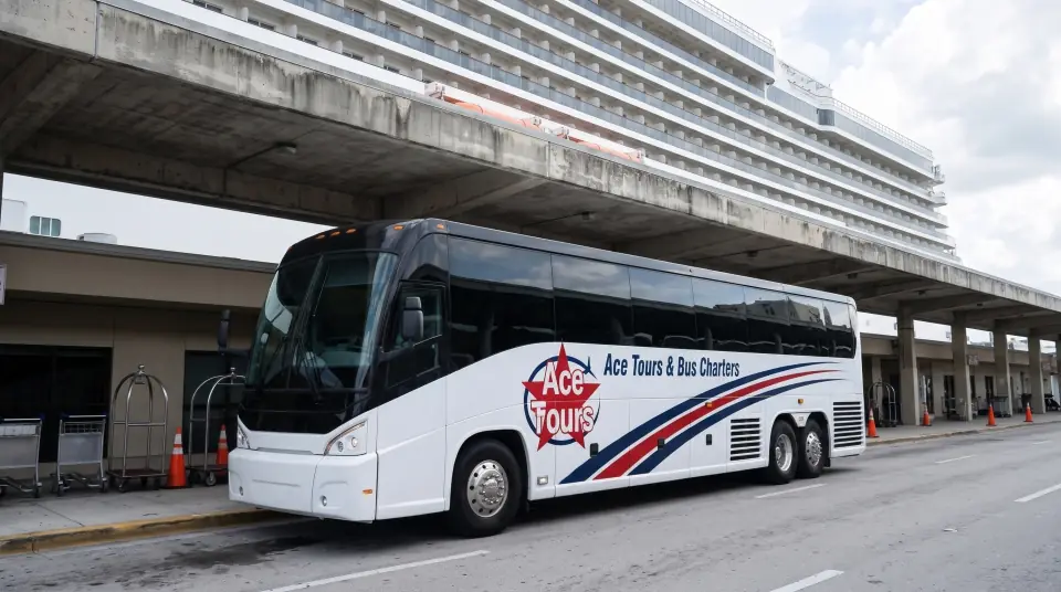 Illustration of a white Ace Tours & Bus Charters motorcoach parked at a cruise terminal drop-off curb under a concrete canopy, a plain white cruise ship rising behind the terminal