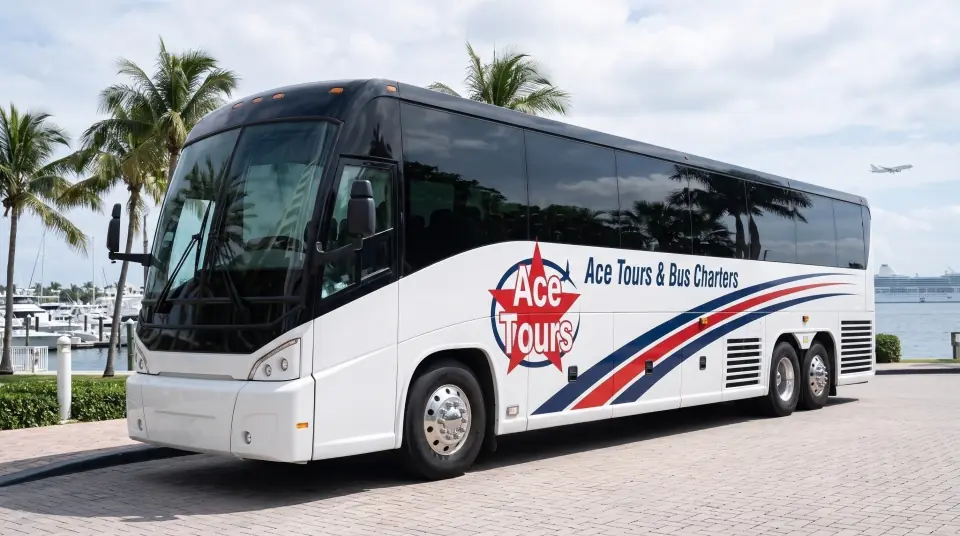 Illustration of a white Ace Tours & Bus Charters motorcoach waiting in a Fort Lauderdale waterfront hotel driveway with palms and a marina behind