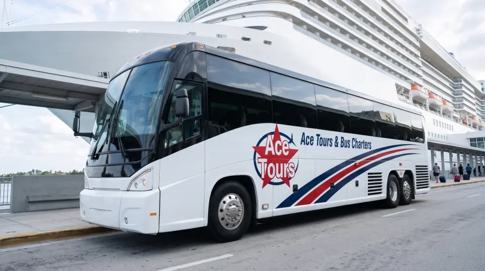 Illustration of an Ace Tours motorcoach at the Port Everglades cruise terminal curb, a huge white cruise ship hull behind the canopy