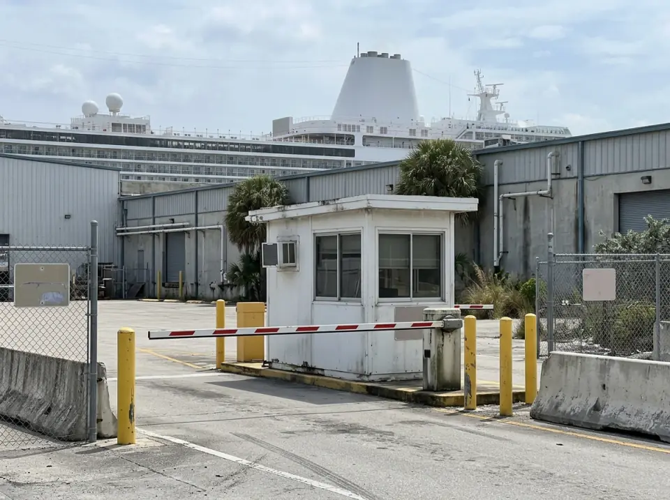 Illustration of a port security gate lane with a guard booth and a lowered barrier arm, warehouses behind and the white funnel of a cruise ship rising beyond