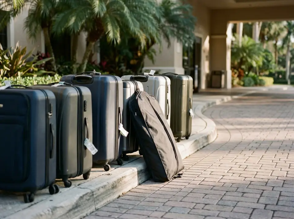 Illustration of hard-shell suitcases and a garment bag lined up on a palm-lined hotel curb in the morning