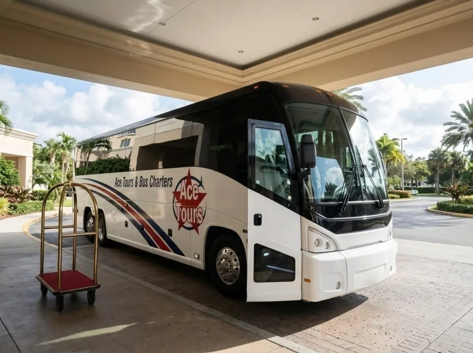 Illustration of an Ace Tours motorcoach under a Fort Lauderdale hotel porte-cochere, door open, a brass luggage cart beside it