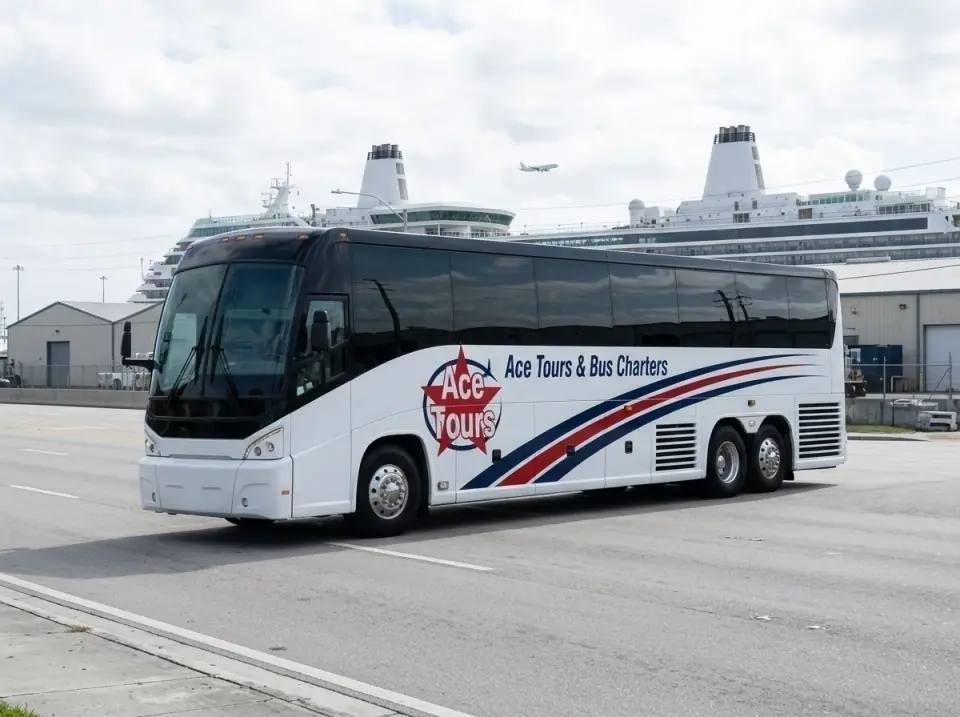 Illustration of an Ace Tours motorcoach on Eisenhower Boulevard, two cruise ship funnels rising behind the warehouses