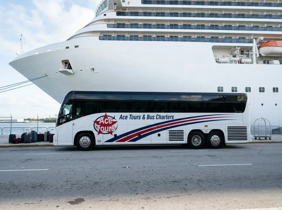 Illustration of an Ace Tours motorcoach in a cruise terminal drop-off lane, suitcases on the curb, a cruise ship behind