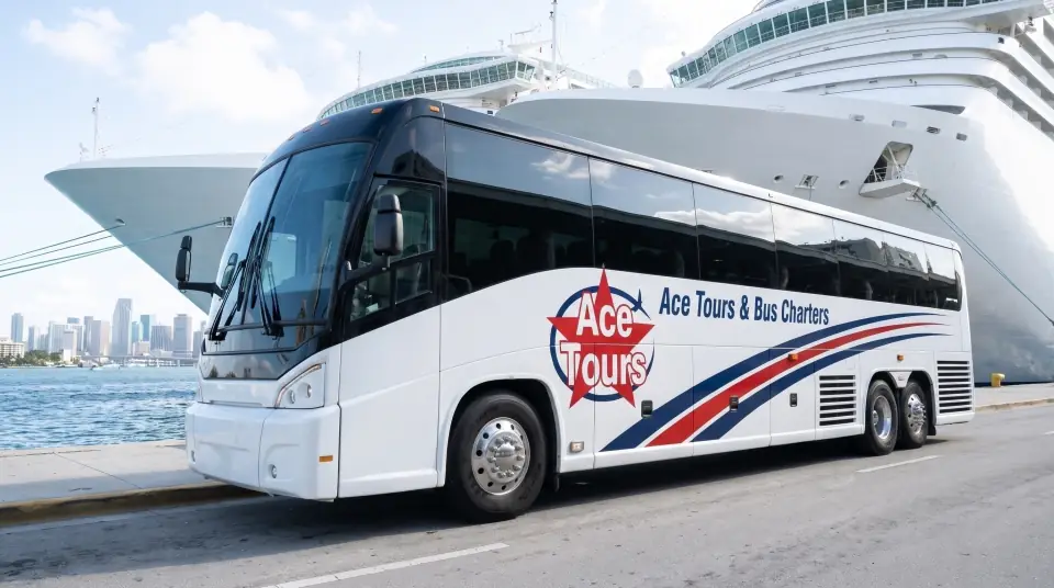 Illustration of an Ace Tours motorcoach in the PortMiami drop-off lane, two white cruise ships docked behind and the downtown Miami skyline across the water