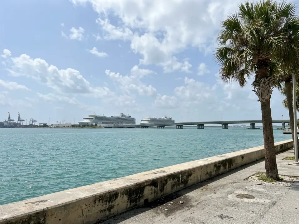 Illustration of turquoise Biscayne Bay seen from the downtown Miami seawall, two white cruise ships docked at the port island and a long low bridge across the water
